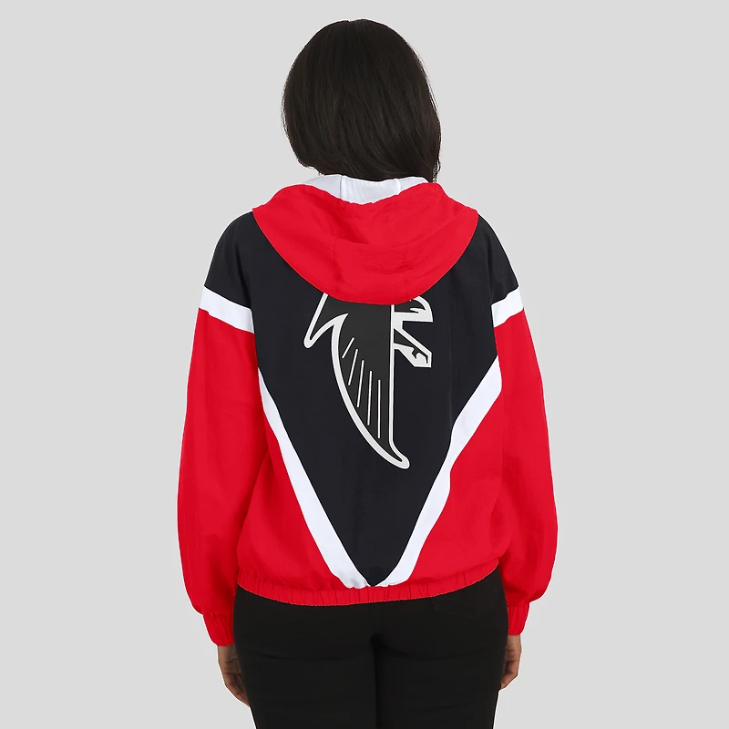Coupe-vent à capuche entièrement zippé et froissé rétro rouge/noir des Falcons d'Atlanta pour femmes par Erin Andrews