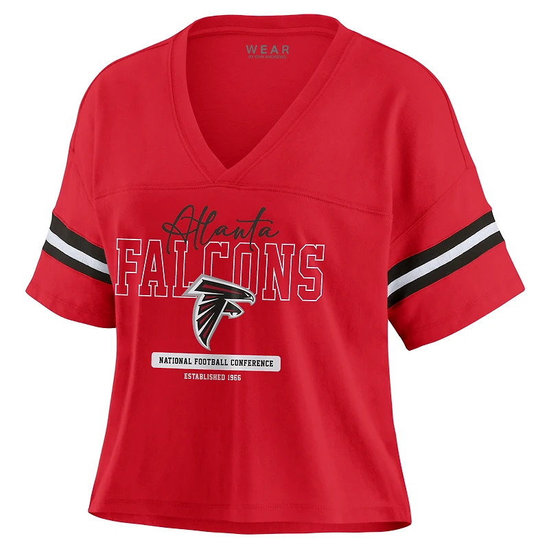 Women's WEAR by Erin Andrews Red Atlanta Falcons Color Block Boxy Modest Crop V-Neck T-Shirt
