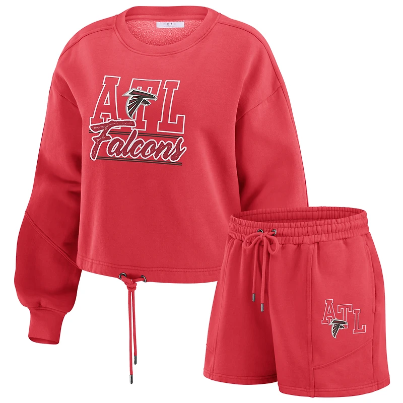Ensemble de détente pour femme WEAR by Erin Andrews composé d'un t-shirt à manches longues et short en molleton délavé rouge des Falcons d'Atlanta