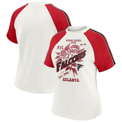 T-shirt raglan blanc à rayures et manches vieillies pour femme WEAR by Erin Andrews des Falcons d'Atlanta