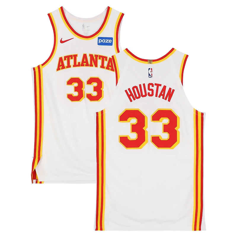 Maillot blanc Nike porté par Caleb Houston (Atlanta Hawks) n° 33 lors du match contre les Brooklyn Nets le 3 avril 2026 - Taille 50+4