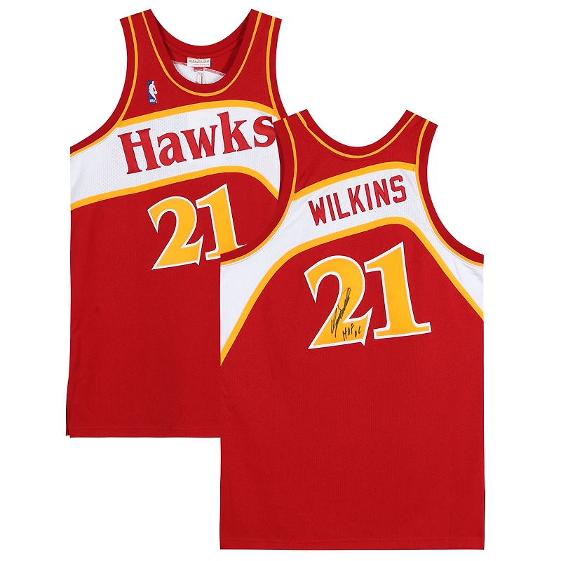 Maillot authentique autographié par Dominique Wilkins Atlanta Hawks avec logo rouge Mitchell et Ness 1986 Hardwood Classic avec inscription « HOF 15 »