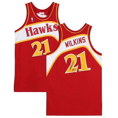 Maillot authentique autographié par Dominique Wilkins Atlanta Hawks avec logo rouge Mitchell et Ness 1986 Hardwood Classic avec inscription « HOF 15 »