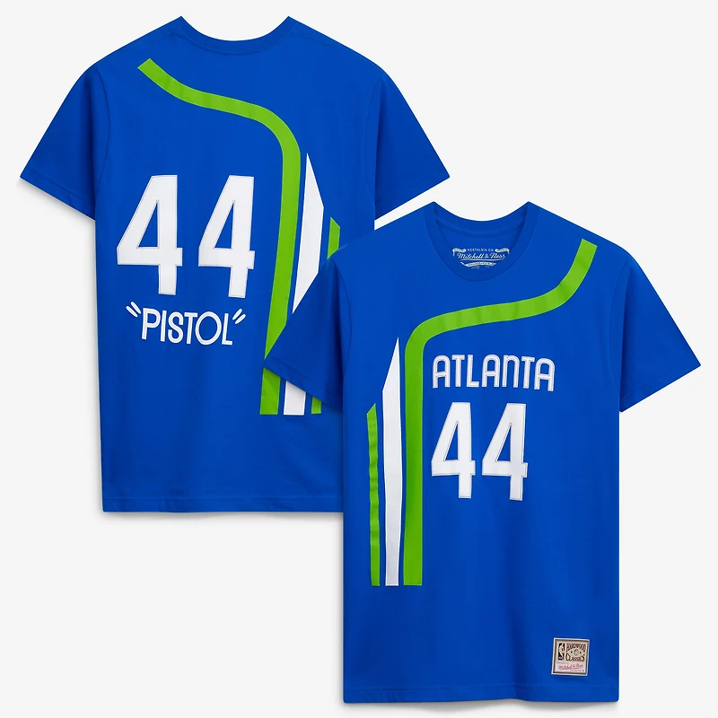 T-shirt Mitchell & Ness Pete Maravich bleu Atlanta Hawks Hardwood Classics pour homme, avec nom et numéro brodés
