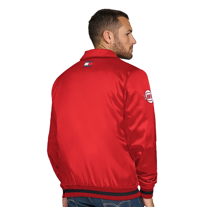 Men's Tommy Jeans Red Atlanta Hawks Jacob Chain Stitch Applique Full-Snap Varsity Jacket