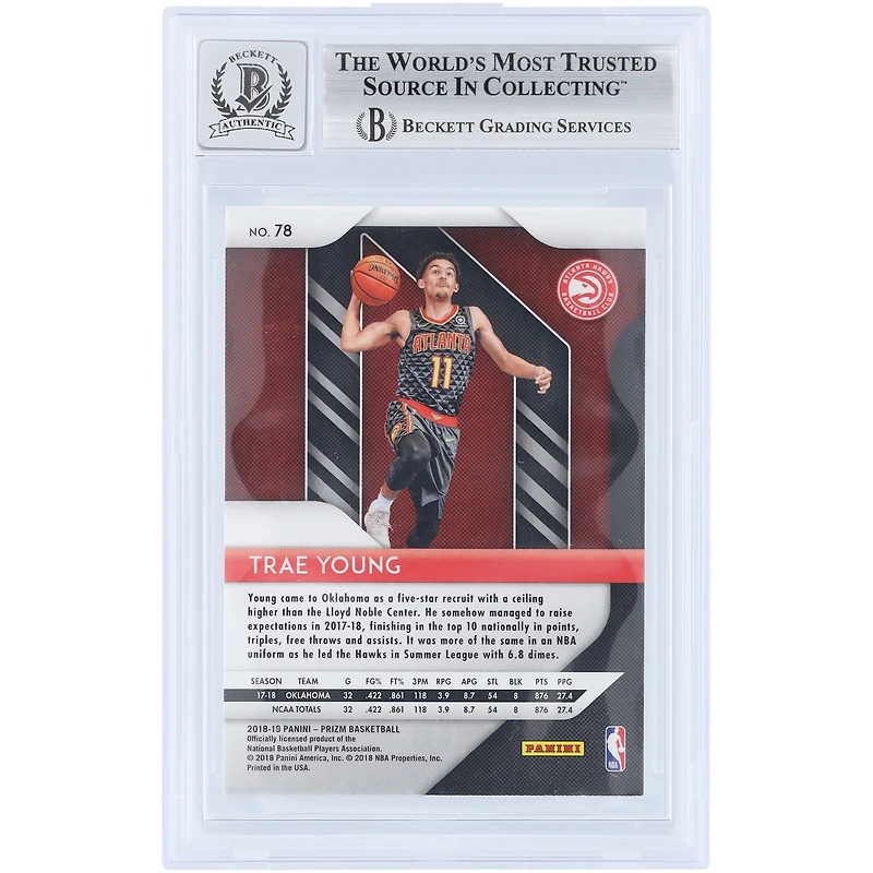 Trae Young Atlanta Hawks Autographed 2018-19 Panini Prizm #78 Beckett Fanatics Witnessed Authenticated 10 Rookie Card