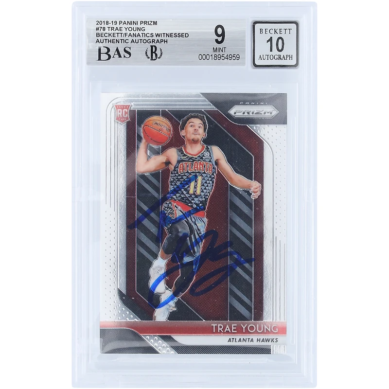 Carte recrue autographiée de Trae Young (Atlanta Hawks) 2018-19 Panini Prizm n° 78 Beckett, authentifiée par Fanatics Witnessed (9/10).