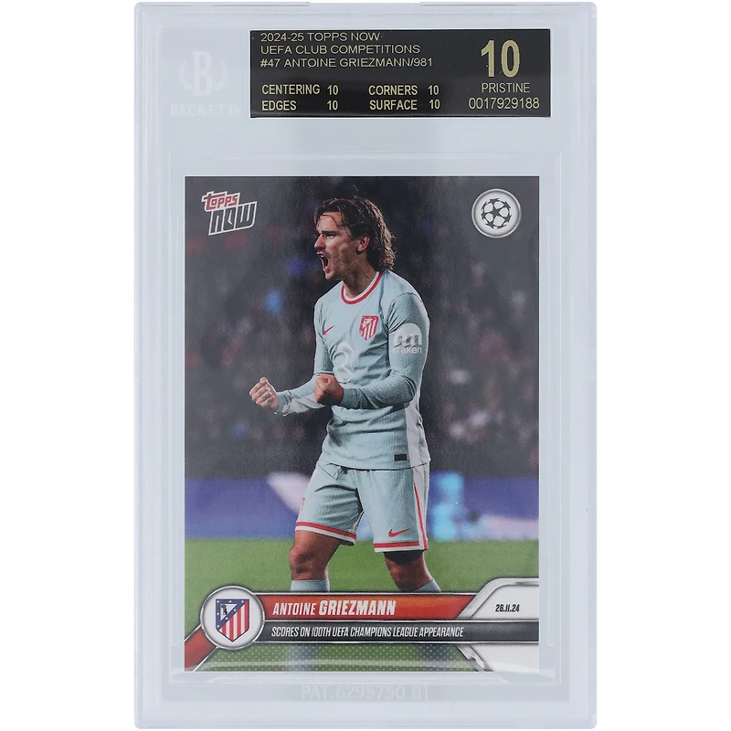 Antoine Griezmann Atletico de Madrid 2024-25 Topps Now Scores on 100th UEFA Champions League Appearance 26.11.24 Black Label #47 BGS Authenticated 10 Card - 10,10,10,10 Subgrades