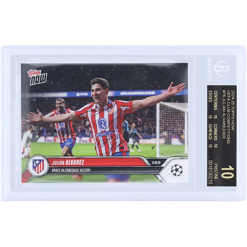 Julián Alvarez Atletico de Madrid 2024-25 Topps Now Brace in Comeback Victory Black Label #76 BGS Authenticated 10 Card - 10,10,10,10 Subgrades