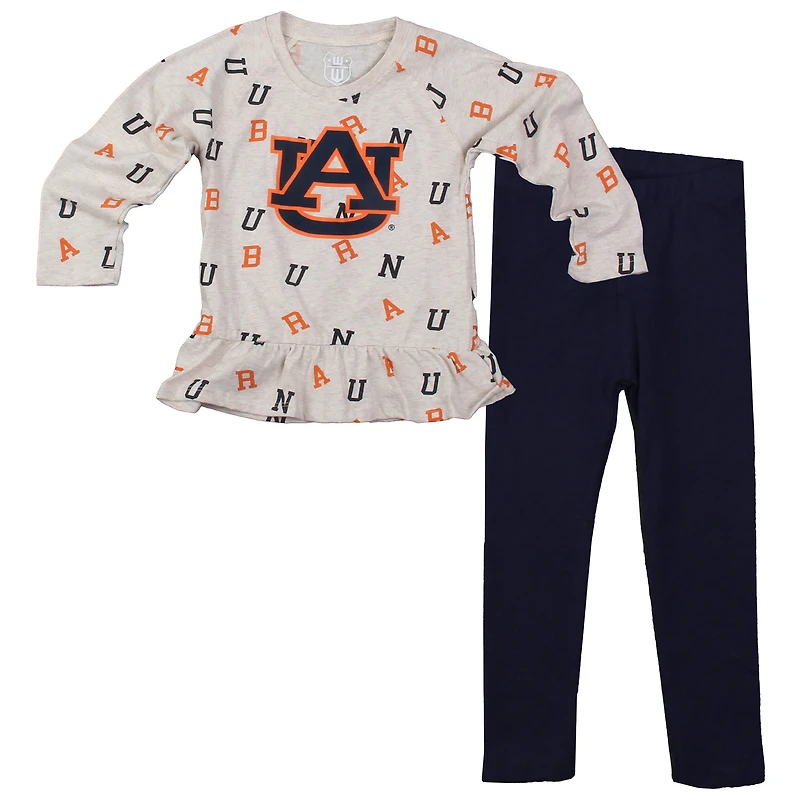 Girls Infant Wes & Willy Oatmeal Auburn Tigers Ruffle Raglan Long Sleeve T-Shirt Leggings Set