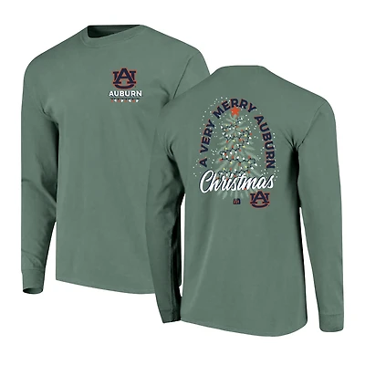 Men's  Green Auburn Tigers Comfort Colors Merry Christmas Tree Long Sleeve T-Shirt