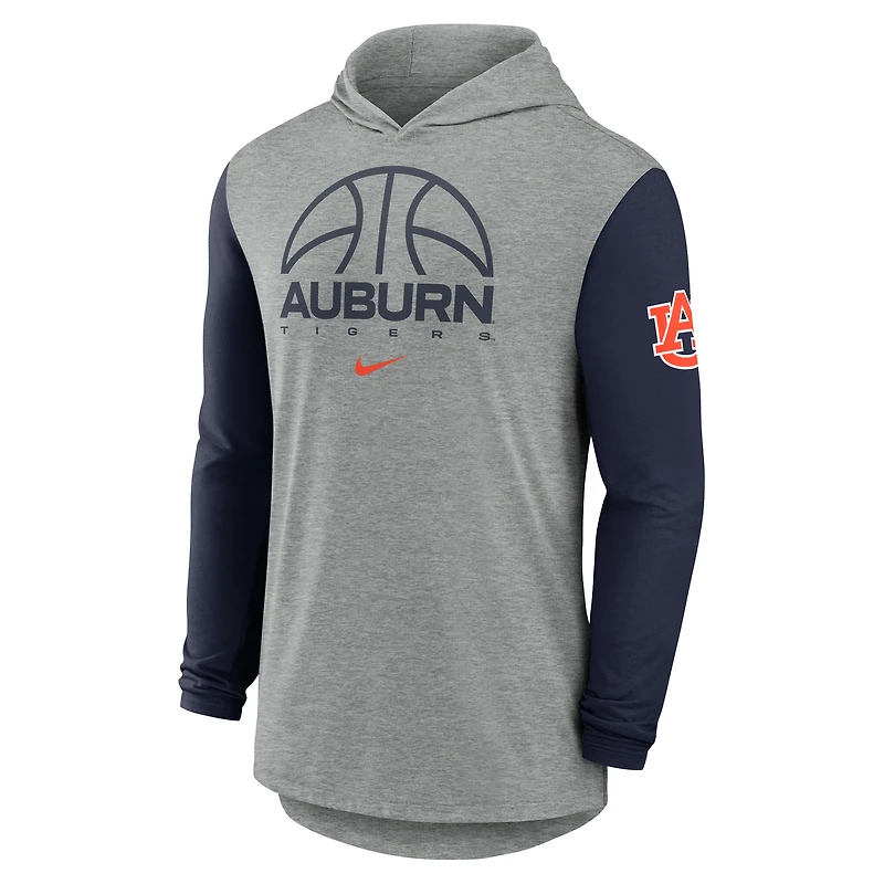 Men's Nike Gray/Navy Auburn Tigers Basketball Color-Block Tri-Blend Dri-FIT Long Sleeve Hoodie T-Shirt