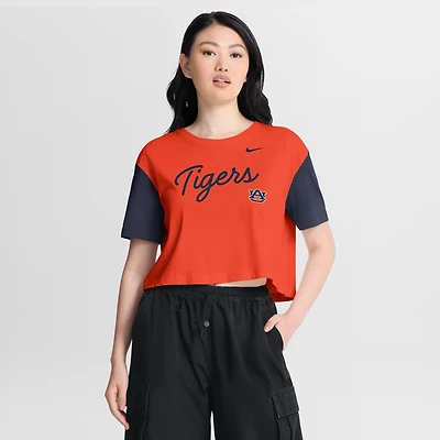 Women's Nike Orange/Navy Auburn Tigers Color-Block Script Dri-FIT Cropped T-Shirt
