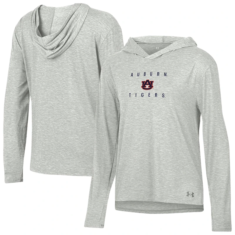 T-shirt à capuche Under Armour pour femme, gris chiné, Auburn Tigers, ultra-doux et respirant, manches longues mélange de trois matières.
