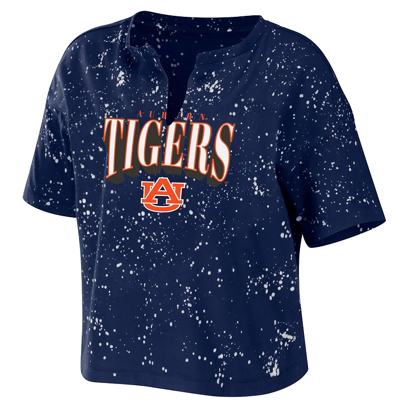Women's WEAR by Erin Andrews Navy Auburn Tigers Bleach Wash Splatter Cropped Notch Neck T-Shirt