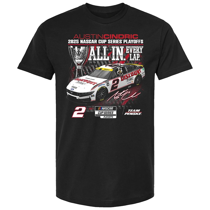 T-shirt noir Austin Cindric pour homme, drapeau à damier, Series éliminatoires NASCAR Cup 2025, pneus prix réduit