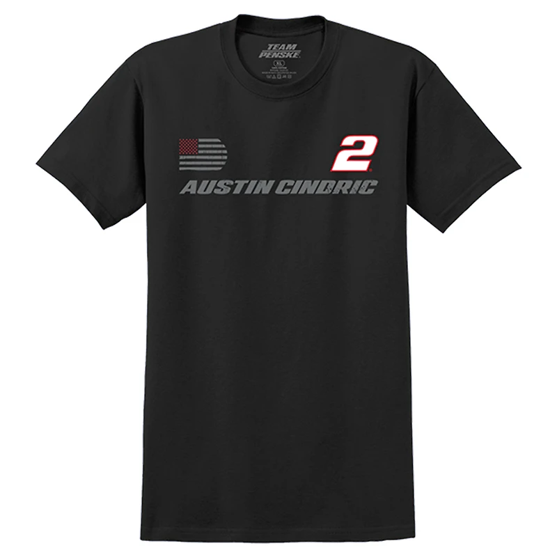 T-shirt noir Austin Cindric #2 de l'équipe Penske pour hommes, motif drapeau américain