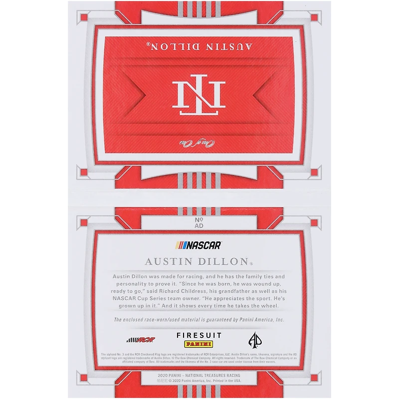 Austin Dillon 2020 Panini National Treasures Race Used Booklet Relic #AD #1/1 Card