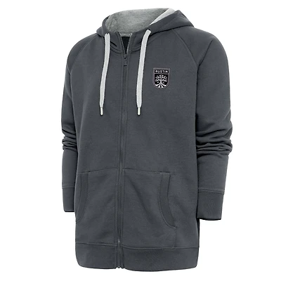 Men's Antigua Charcoal Austin FC Brushed Metallic Logo Victory Full-Zip Hoodie