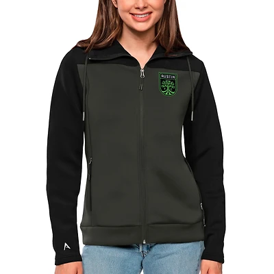 Women's Antigua Black/Gray Austin FC Protect Full-Zip Hoodie