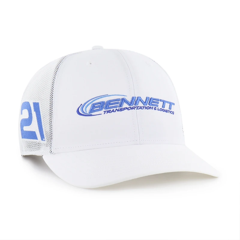 Casquette trucker ajustable pour homme, modèle 47 blanc Austin Hill, avec logo du sponsor et écusson latéral.
