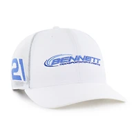 Casquette trucker ajustable pour homme, modèle 47 blanc Austin Hill, avec logo du sponsor et écusson latéral.