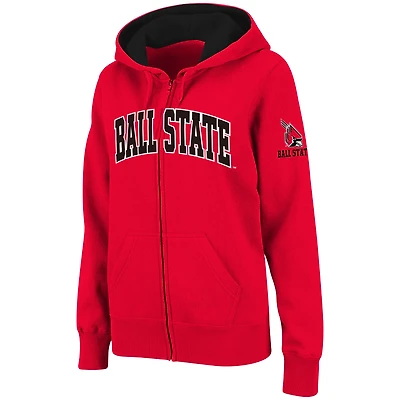 Sweat à capuche zippé pour femme, style athlétique, avec logo en arc de cercle des Cardinals Ball State.