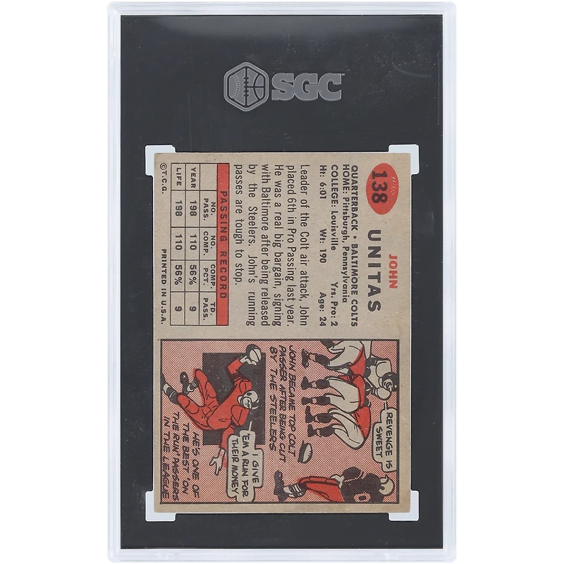 Carte de recrue authentifiée Johnny Unitas Baltimore Colts 1957 Topps n° 138 SGC 4