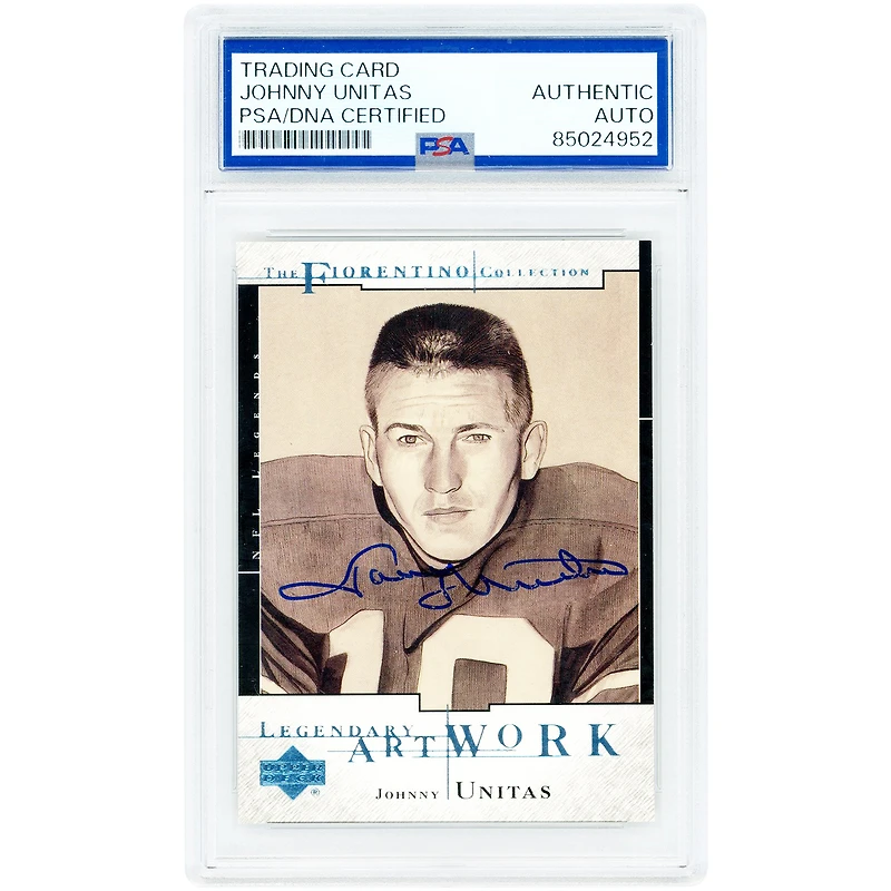 Carte authentifiée par PSA, signée par Johnny Unitas (Baltimore Colts), collection Upper Deck The Fiorentino 2001, numéro LA10.