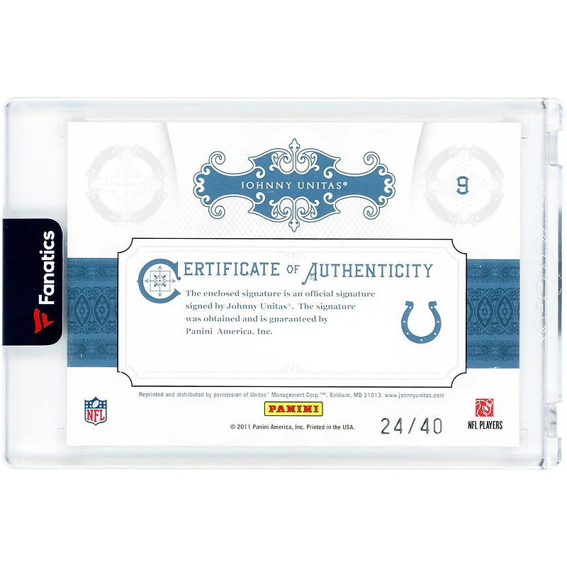 Carte souvenir Panini National Treasures 2011 autographiée par Johnny Unitas (Baltimore Colts), numéro 9, n° 24/40