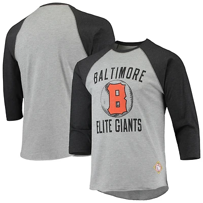 Men's Stitches Heathered Gray/Black Baltimore Elite Giants Negro League Wordmark Raglan 3/4-Sleeve T-Shirt