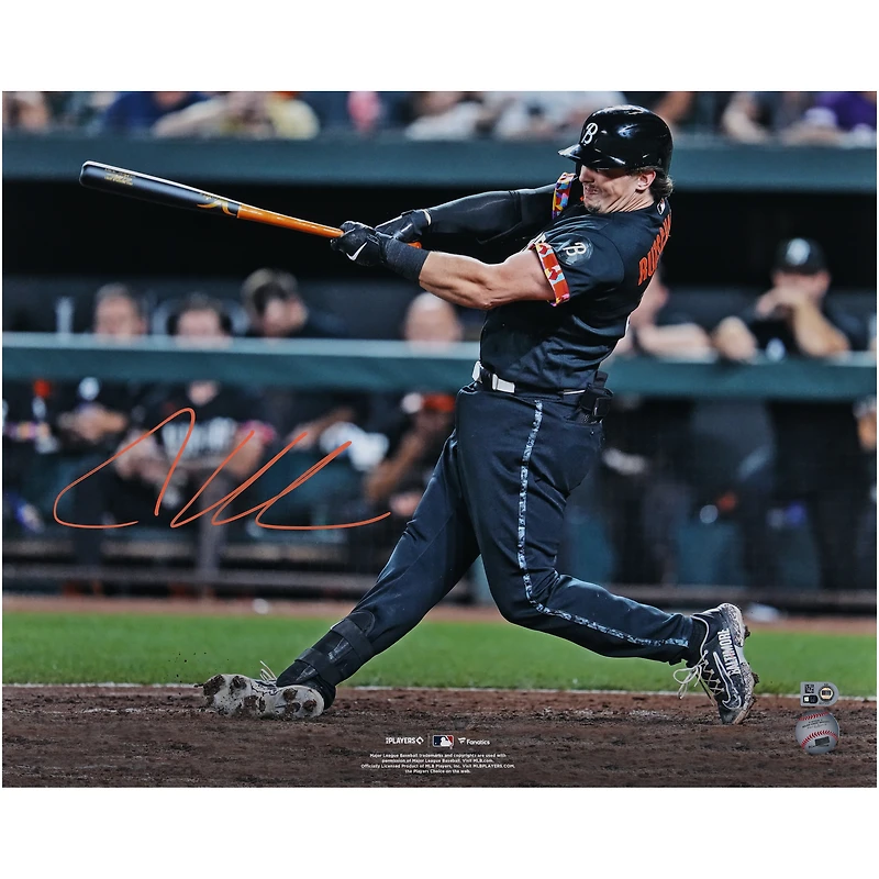 Photographie autographiée par Adley Rutschman des Orioles de Baltimore lors du City Connect Jersey Swing, 16" x 20"