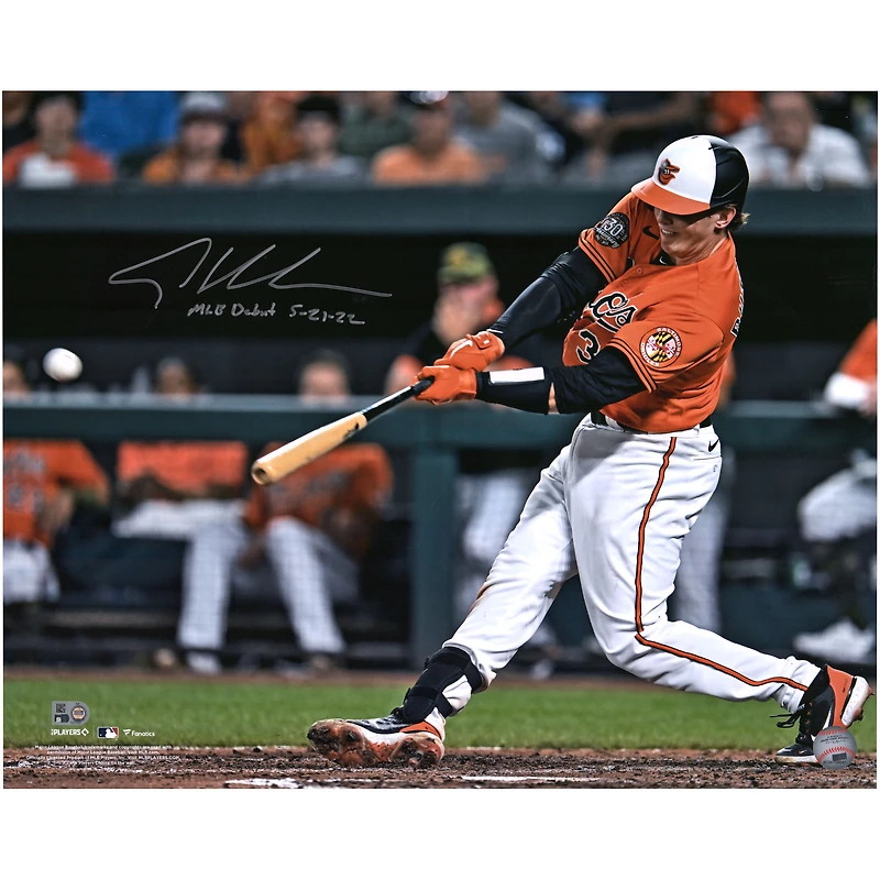 Photographie autographiée de 16" x 20" des Orioles de Baltimore par Adley Rutschman pour son premier coup sûr avec l'inscription "MLB Debut 5-21-22"