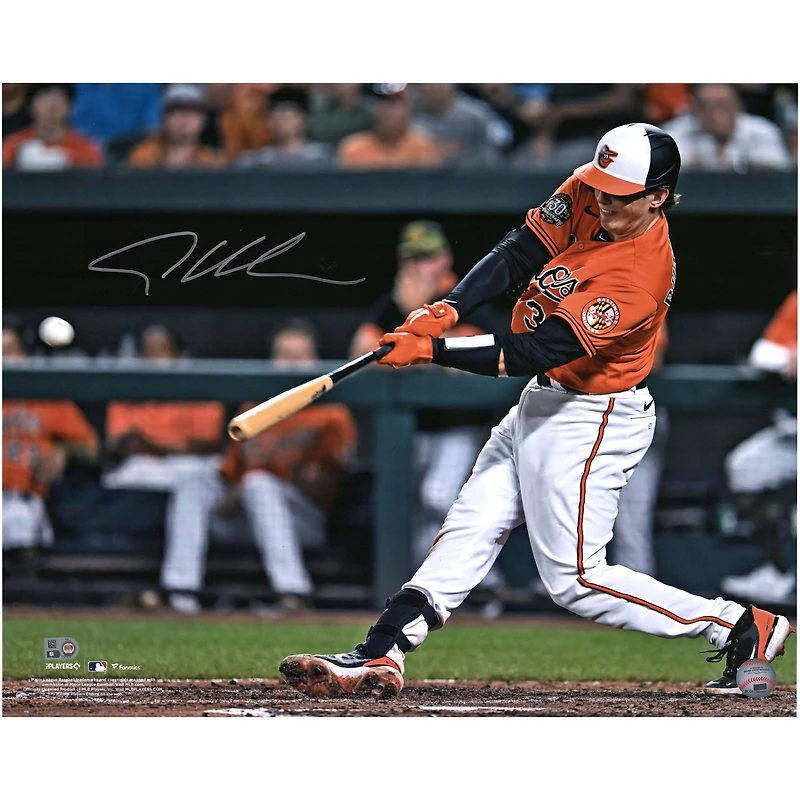Photo dédicacée d'Adley Rutschman, joueur des Orioles de Baltimore, 40 x 50 cm (16 x 20 pouces), commémorant son premier coup sûr.