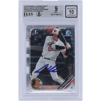 Adley Rutschman Baltimore Orioles autographié 2019 Bowman Chrome Draft #BDC-1 Beckett Fanatics Witnessed Authenticated 9/10 Card