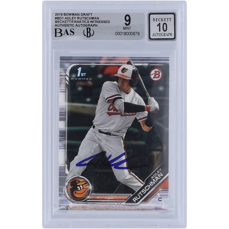 Adley Rutschman Baltimore Orioles autographié 2019 Bowman Draft #BD-1 Beckett Fanatics Witnessed Authenticated 9/10 Card