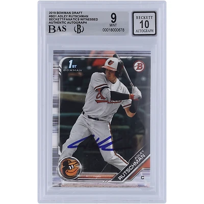 Adley Rutschman Baltimore Orioles autographié 2019 Bowman Draft #BD-1 Beckett Fanatics Witnessed Authenticated 9/10 Card