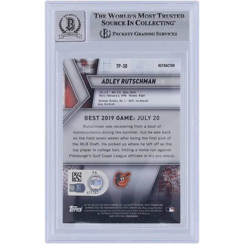 Adley Rutschman Baltimore Orioles Autographié 2019 Bowman's Best Top Prospects Refractor #TP-30 Beckett Fanatics Witnessed Authenticated 9/10 Card