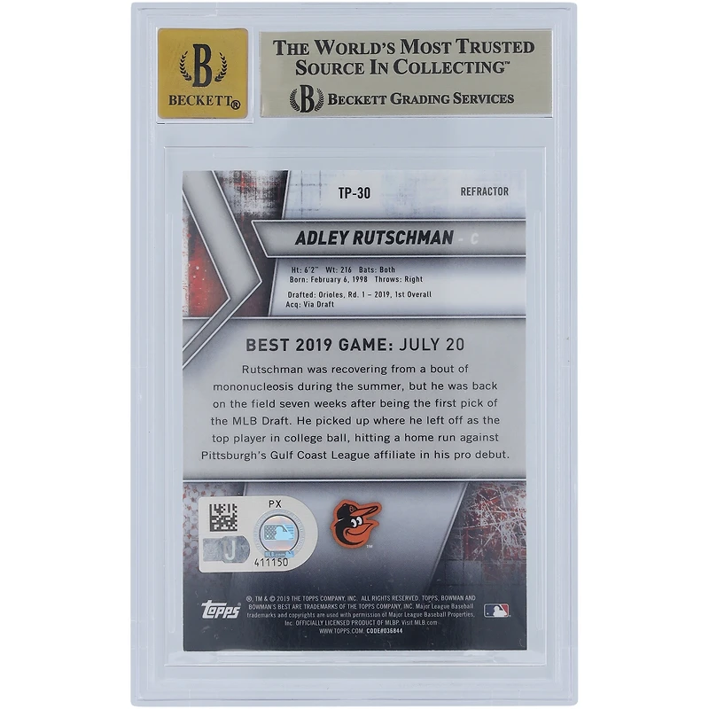 Adley Rutschman Baltimore Orioles Autographié 2019 Bowman's Best Top Prospects Refractors #TP-30 Beckett Fanatics Witnessed Authenticated / Card