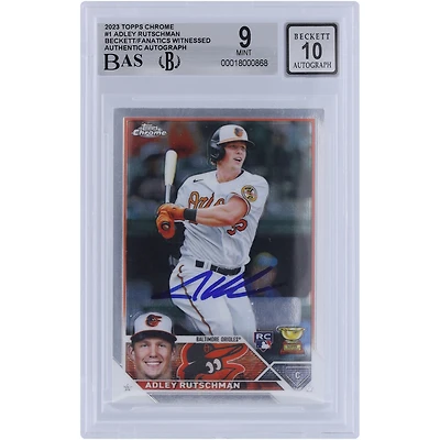 Adley Rutschman Baltimore Orioles autographié Topps Chrome #1 Beckett 2023 Fanatics a été témoin d'une carte recrue authentifiée 9/10