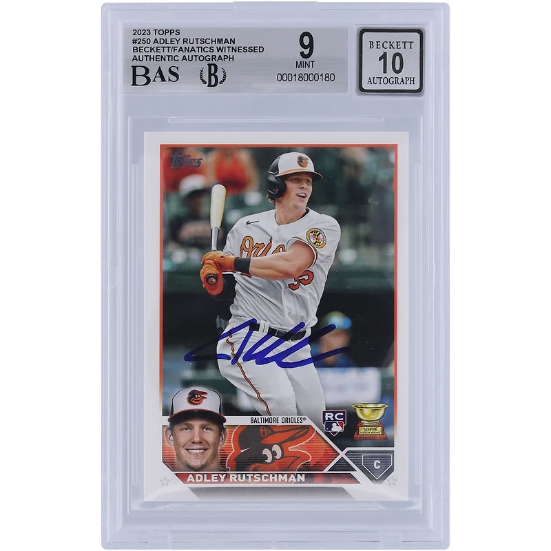 Adley Rutschman Baltimore Orioles autographié 2023 Topps Series One #250 Beckett Fanatics Witnessed Authenticated 9/10 Rookie Card