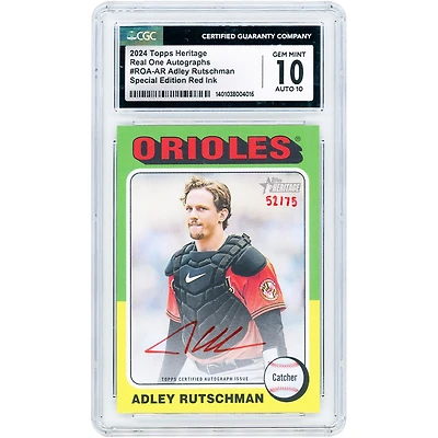 Carte autographiée par Adley Rutschman des Orioles de Baltimore, collection Topps Heritage Real One 2024, encre rouge, numéro ROA-AR, numéro 52/75, authentifiée CGC 10/10.