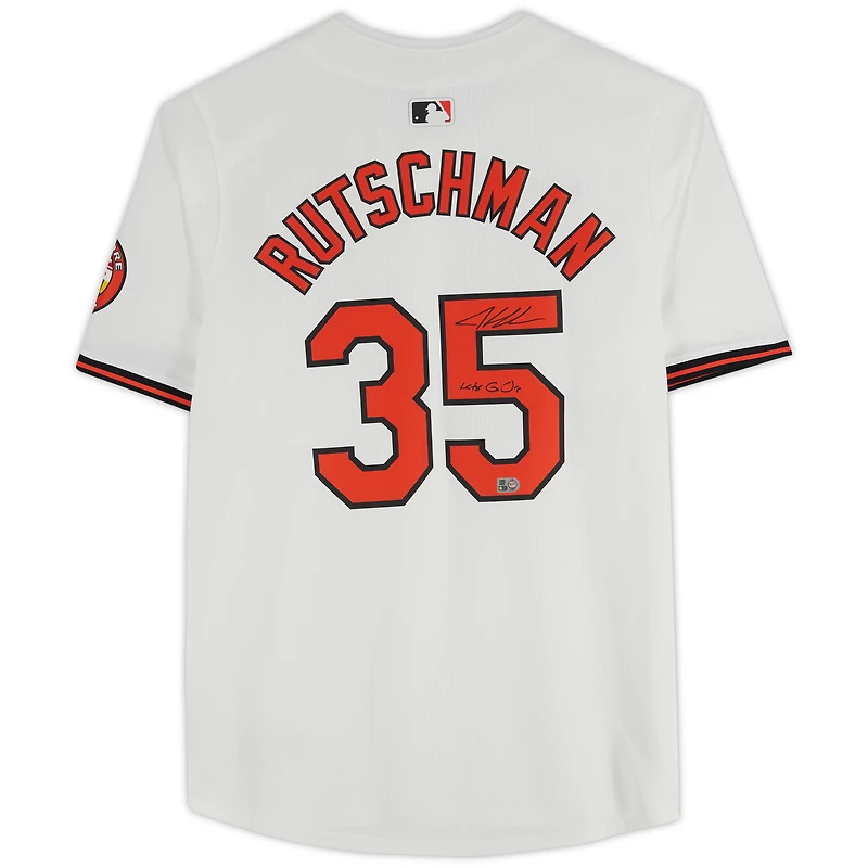 Adley Rutschman Baltimore Orioles Autographed White Nike Limited Jersey with "Lets Go O's" Inscription