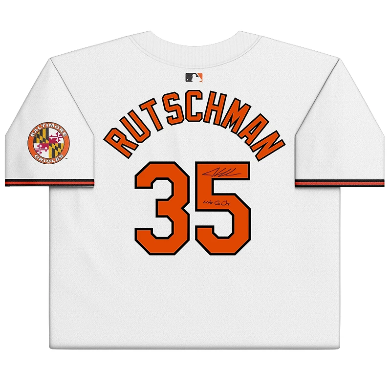 Adley Rutschman Baltimore Orioles Autographed White Nike Limited Jersey with "Lets Go O's" Inscription