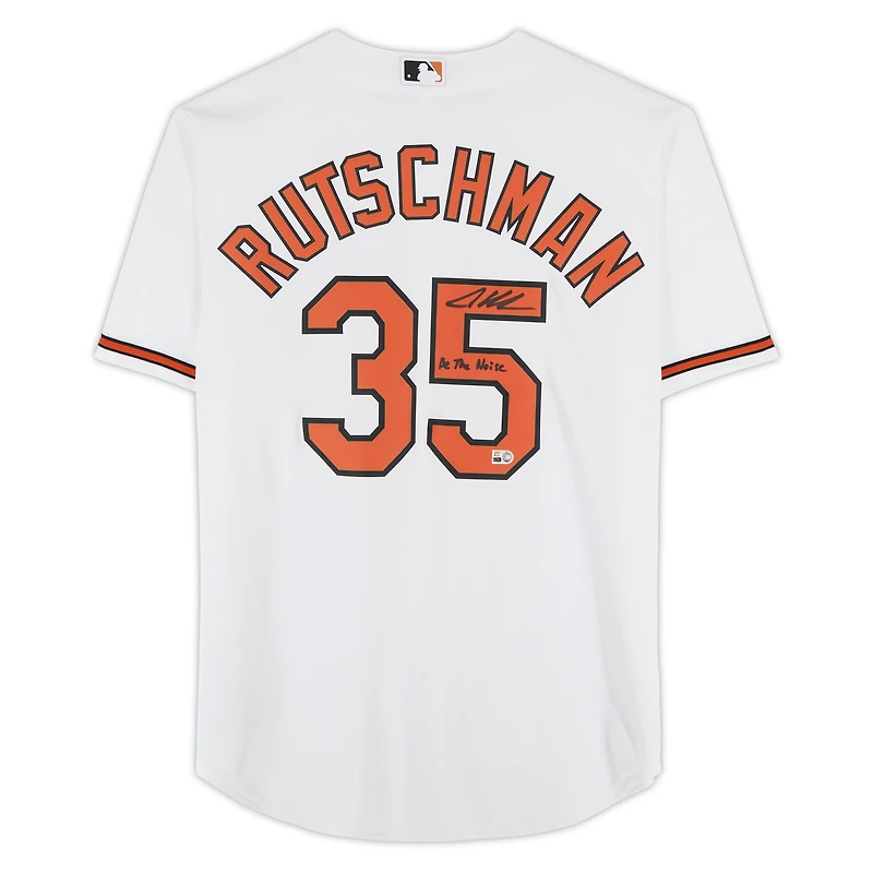 Maillot réplique blanc Nike autographié par Adley Rutschman des Orioles de Baltimore avec inscription « Be The Noise »