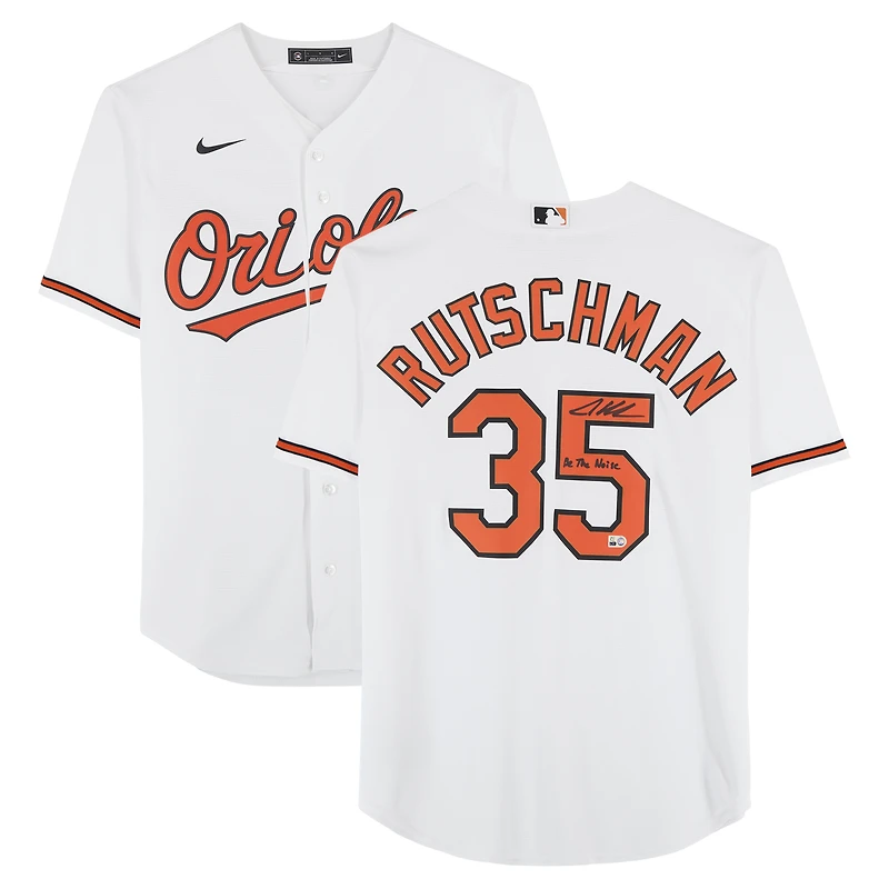 Maillot réplique blanc Nike autographié par Adley Rutschman des Orioles de Baltimore avec inscription « Be The Noise »