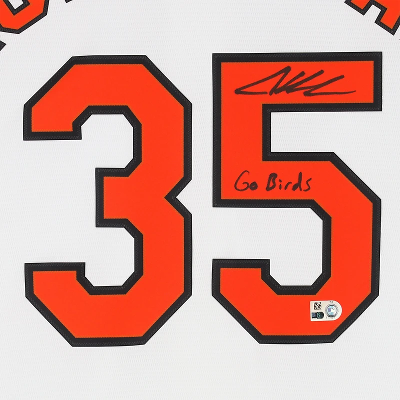 Maillot réplique blanc Nike autographié par Adley Rutschman des Orioles de Baltimore avec inscription « Go Birds »