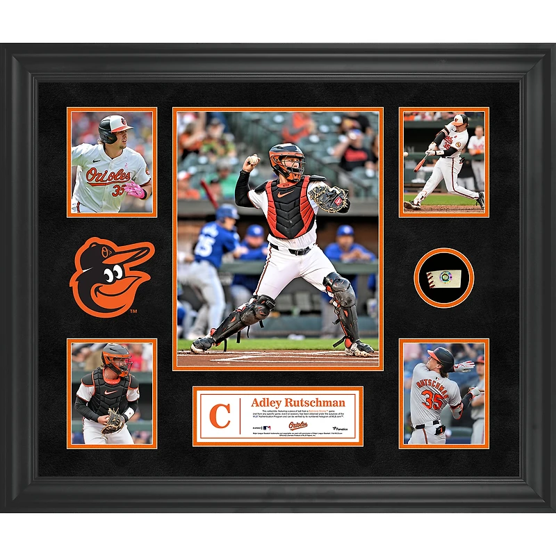 Collage encadré de 5 photos des Orioles de Baltimore d'Adley Rutschman avec un morceau de ballon utilisé lors du match