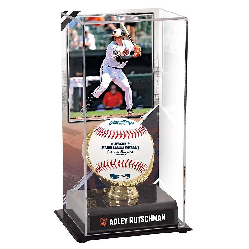 Vitrine de présentation des gants dorés des Orioles de Baltimore d'Adley Rutschman avec image