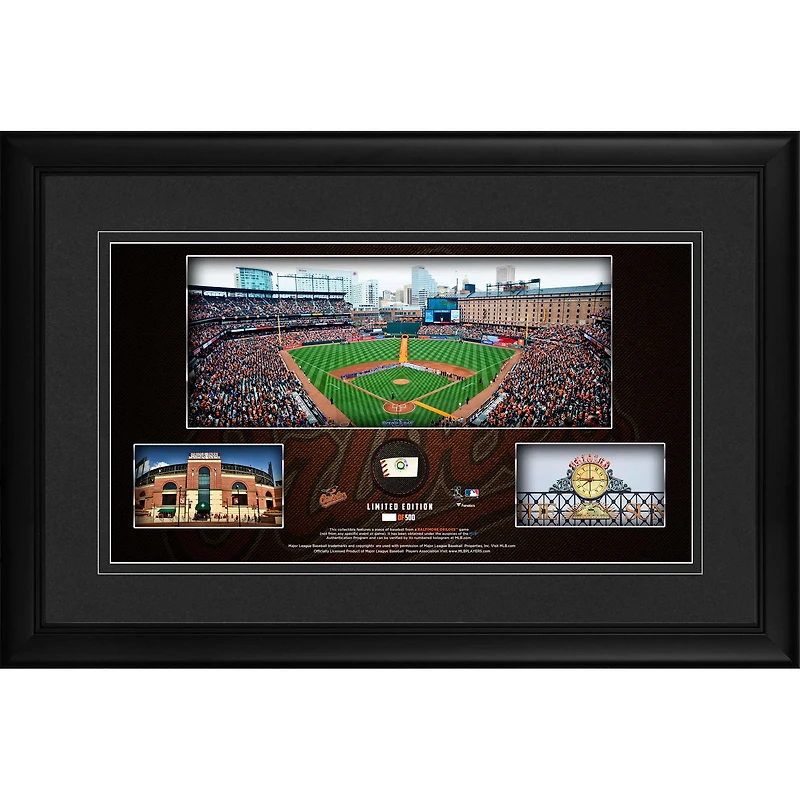 Collage panoramique encadré du stade des Orioles de Baltimore 10" x 18" avec un morceau de baseball utilisé lors du match - Édition limitée à 500 exemplaires